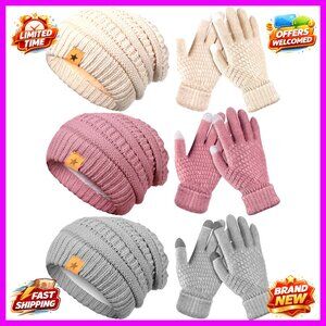 Women's Winter Beanie Hat Gloves Set Warm Knitted Touchscreen Gloves